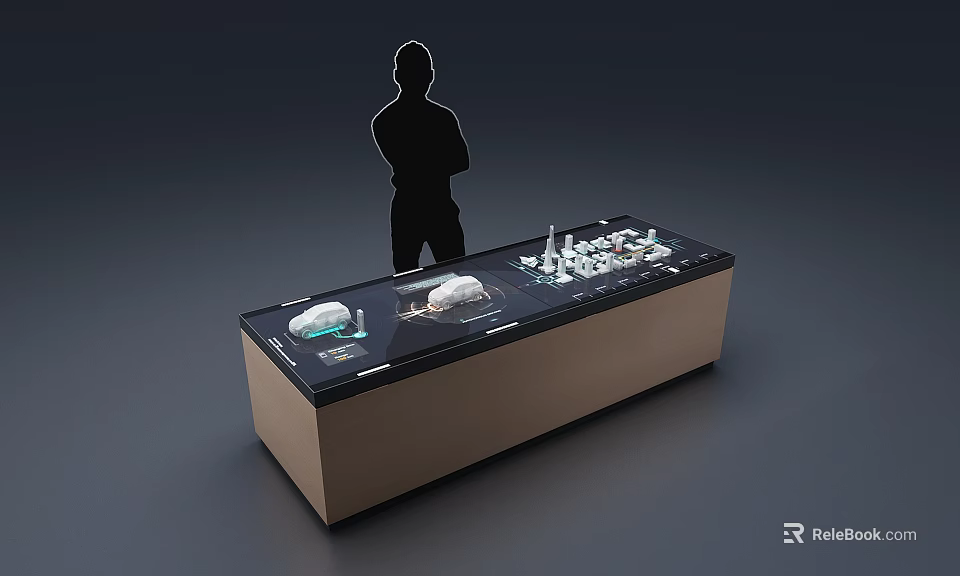 Modern Exhibition Display Table With Various Exhibits And Human Silhouette 3d model 