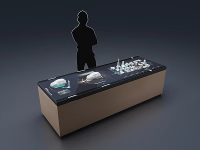 Modern Exhibition Display Table With Various Exhibits And Human Silhouette 3d model