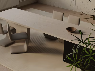 Dining Table Set with Long Light Tone Table Matching Chairs Small Bowl and Green Plant 3d model