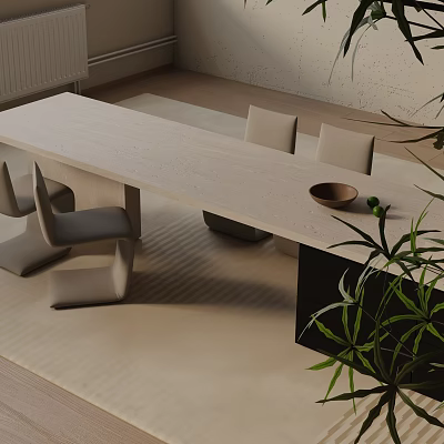 Dining Table Set with Long Light Tone Table Matching Chairs Small Bowl and Green Plant 3d model