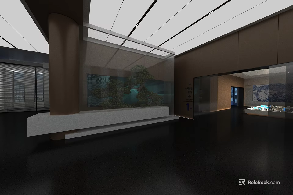 Modern Minimalist Reception Lobby With Exquisite Bonsai Display And Premium Dark Floor Interior Design 3d model 