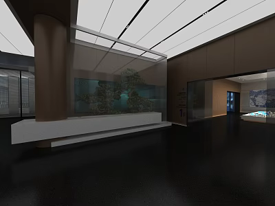 Modern Minimalist Reception Lobby With Exquisite Bonsai Display And Premium Dark Floor Interior Design 3d model