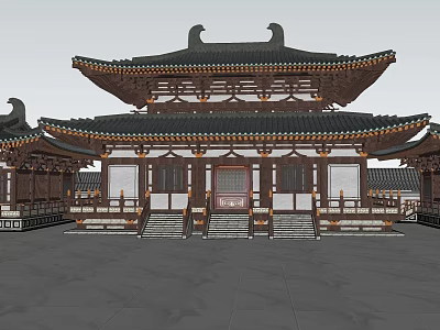Traditional Ancient Chinese Architecture with Curved Eaves Dark Tiled Roof White Walls and Wooden Structure 3d model
