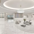 Elegant Modern Bridal Shop Interior With White Reception Counter Chandeliers Wedding Dress Mannequin And Staircase