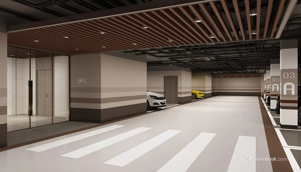 Modern Parking Garage Interior With Wooden Strip Ceiling White Lines And Parked Cars 3d model 