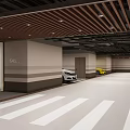 Modern Parking Garage Interior With Wooden Strip Ceiling White Lines And Parked Cars
