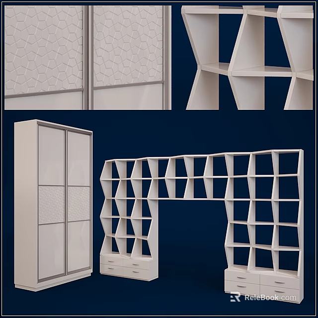White Sliding Door Wardrobe With Hexagonal Pattern Drawers And Geometric Lattice Shelves 3d model 