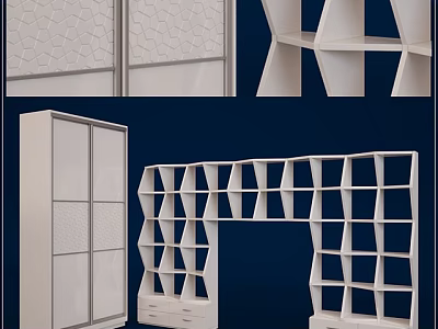 White Sliding Door Wardrobe With Hexagonal Pattern Drawers And Geometric Lattice Shelves 3d model