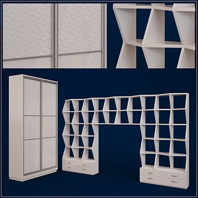 White Sliding Door Wardrobe With Hexagonal Pattern Drawers And Geometric Lattice Shelves 3d model