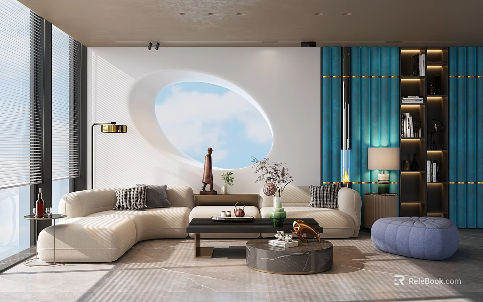 Modern Living Room Interior With Round Window Turquoise Curtains And Beige Sofa 3d model 