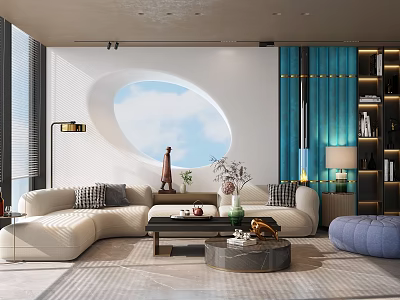 Modern Living Room Interior With Round Window Turquoise Curtains And Beige Sofa 3d model