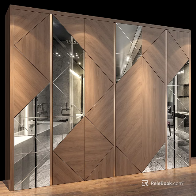 Modern Wall Design With Wooden Geometric Panels And Glass Inserts For Interior 3d model 