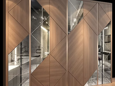 Modern Wall Design With Wooden Geometric Panels And Glass Inserts For Interior 3d model