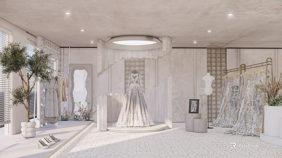 Elegant Bridal Shop Interior With Displayed Wedding Dresses And Soft Lighting Decor 3d model 