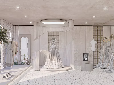 Elegant Bridal Shop Interior With Displayed Wedding Dresses And Soft Lighting Decor 3d model