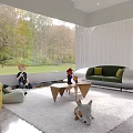 Modern Living Area With Toys Plush Rug And Autumn View