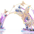 Elegant Decorative Butterfly Arch With Golden Butterflies Purple Blue Flowers And Intricate Floral Details