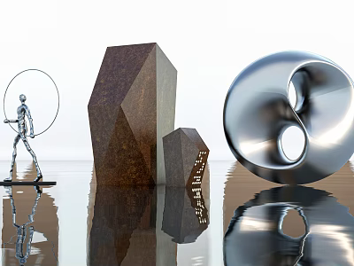 Modern Sculptures Human Figure Polyhedral And Yin Yang Ring Metallic On Reflective Surface With Reflections 3d model