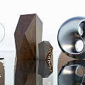 Modern Sculptures Human Figure Polyhedral And Yin Yang Ring Metallic On Reflective Surface With Reflections