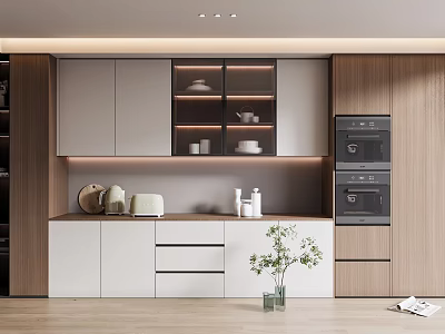 Modern White Sideboard With Glass Door Cabinets Wooden Countertop Decorative Plant And Built in Oven 3d model