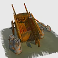 Old Wooden Wheelbarrow With Metal Jugs And Shovel On Grass Surface