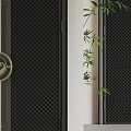 Modern Black Double Doors With Mesh Design Golden Handles And Green Plant