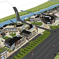 Modern Commercial Street With Waterfront Views Modern Buildings And Green Landscaped Areas