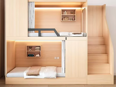 Modern Wooden Bunk Bed Interior Design With Stairs Storage Shelves And Lighting 3d model