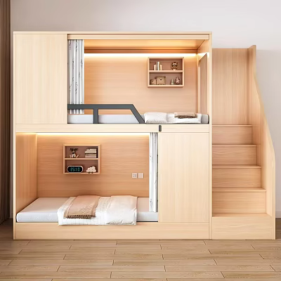 Modern Wooden Bunk Bed Interior Design With Stairs Storage Shelves And Lighting 3d model