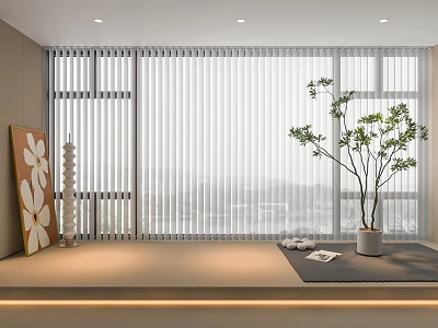 White Window Blinds In Modern Interior With Green Plant City View And Simple Design 3d model
