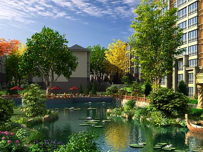 Water Fountain in Residential Garden with Pond Water Lilies Lush Greenery Trees and Blue Sky 3d model