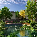 Water Fountain in Residential Garden with Pond Water Lilies Lush Greenery Trees and Blue Sky