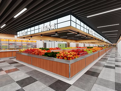 Supermarket Fresh Produce Section With Wooden Shelves Full Of Fruits And Vegetables 3d model