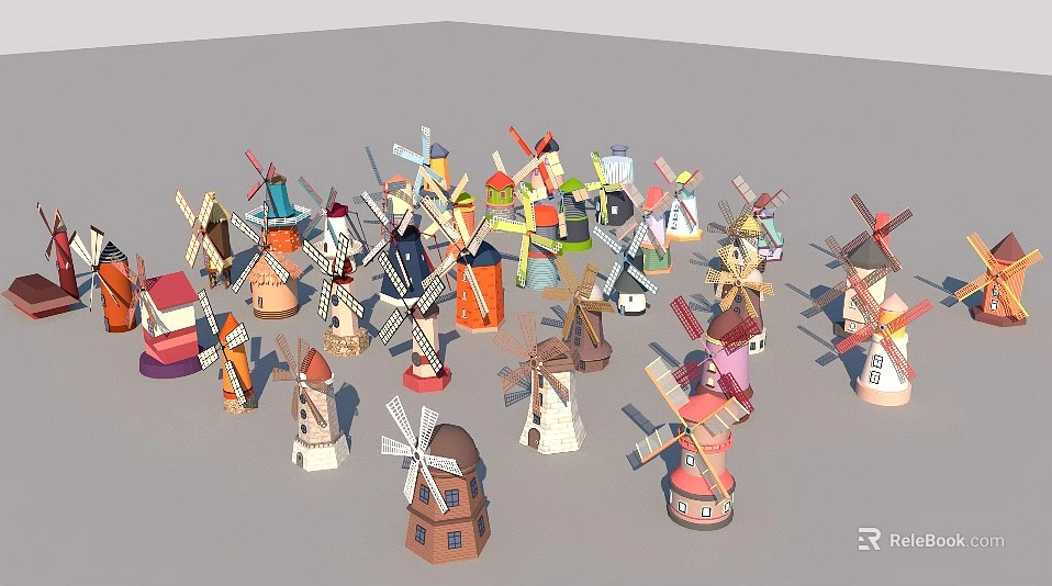 Colorful Windmill Models With Various Colors And Different Architectural Styles 3d model 