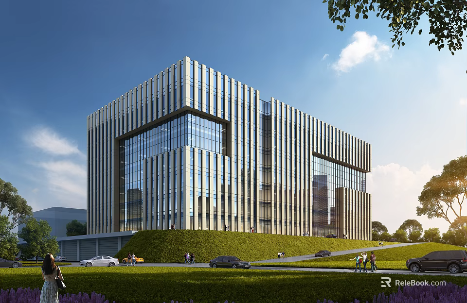 Modern Industrial Factory Building With Glass Curtain Wall Metal Structure And Green Lawn 3d model 