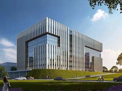 Modern Industrial Factory Building With Glass Curtain Wall Metal Structure And Green Lawn 3d model