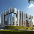 Modern Industrial Factory Building With Glass Curtain Wall Metal Structure And Green Lawn