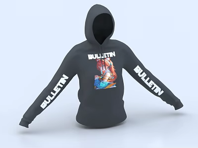 Black Hoodie With BULLETIN Text And Graphic Print On Long Sleeves 3d model