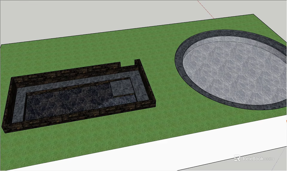 Garden Ornaments in Garden Scene Featuring Green Lawn Rectangular and Circular Stone Surfaces 3d model