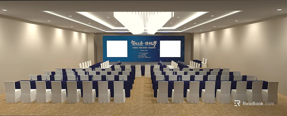 Spacious Conference Room with Arranged White Chair Covers Blue Backdrop and Large Screens 3d model 