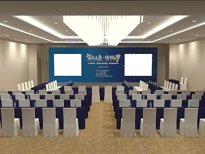 Spacious Conference Room with Arranged White Chair Covers Blue Backdrop and Large Screens 3d model