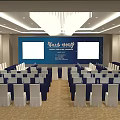 Spacious Conference Room with Arranged White Chair Covers Blue Backdrop and Large Screens