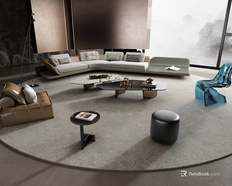 Modern Luxury Living Room With Neutral Sofa Coffee Table Rug And Floor To Ceiling Window 3d model 