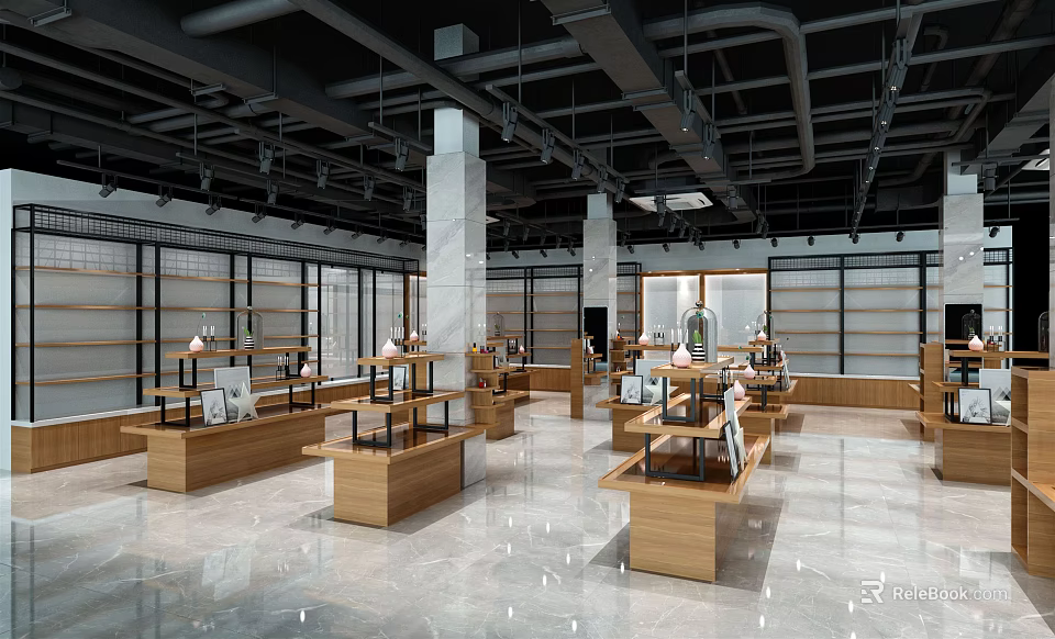 Spacious Retail Store Interior With Wooden Display Counters Marble Floor And Black Ceiling Pipes 3d model 