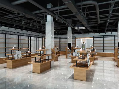 Spacious Retail Store Interior With Wooden Display Counters Marble Floor And Black Ceiling Pipes 3d model