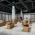 Spacious Retail Store Interior With Wooden Display Counters Marble Floor And Black Ceiling Pipes