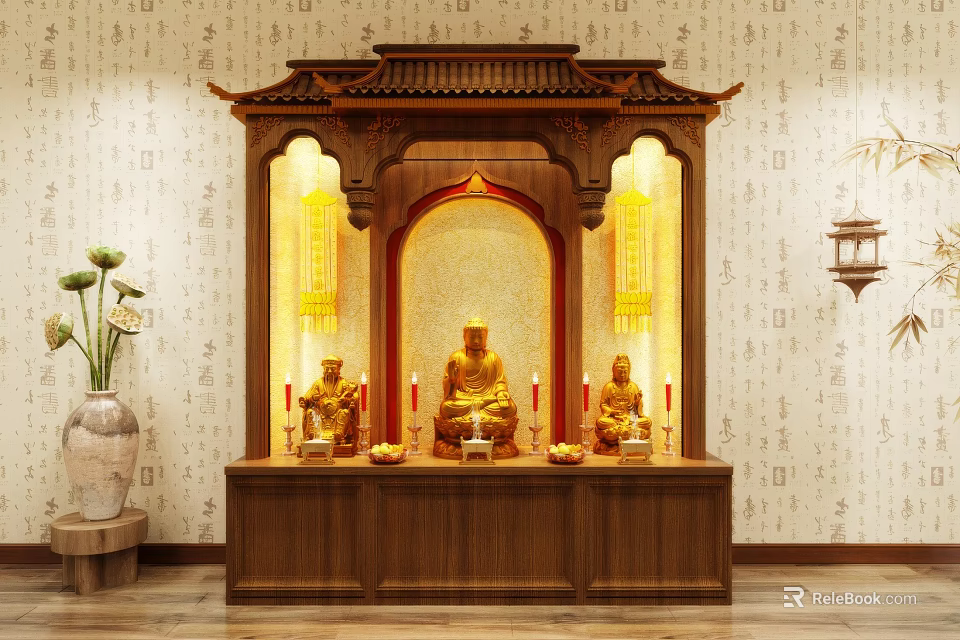 Traditional Chinese Wooden Buddhist Shrine Cabinet With Eave Top Buddha Statues Candles And Yellow Lighting 3d model 