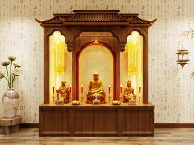 Traditional Chinese Wooden Buddhist Shrine Cabinet With Eave Top Buddha Statues Candles And Yellow Lighting 3d model