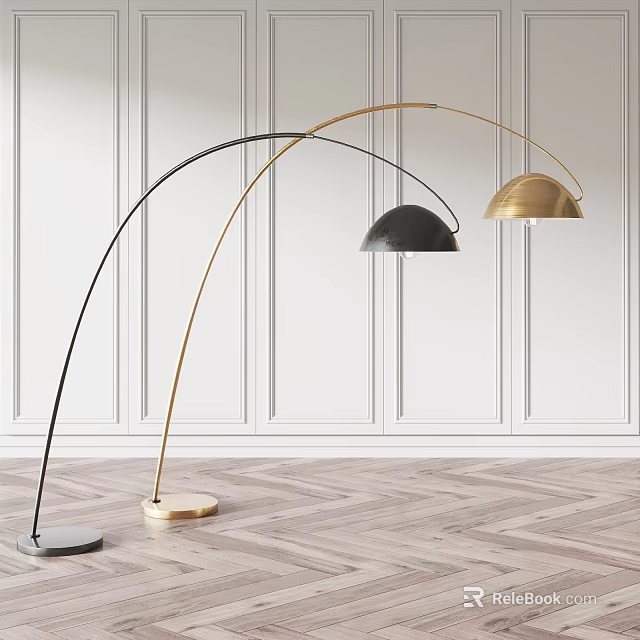 Modern Arched Floor Lamps In Black And Gold With White Paneled Wall And Herringbone Floor 3d model 