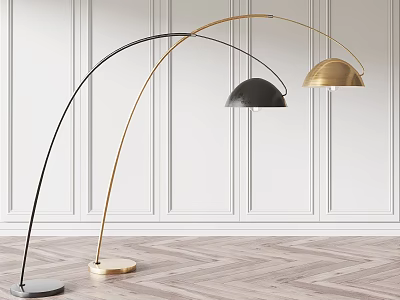 Modern Arched Floor Lamps In Black And Gold With White Paneled Wall And Herringbone Floor 3d model